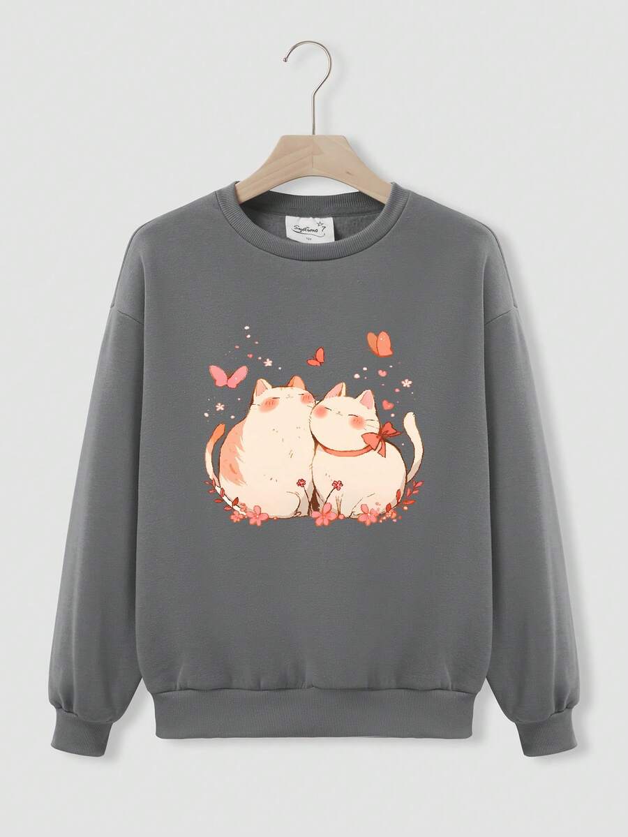 女孩可爱猫咪图案灰色连帽衫，温暖羊毛衬里，休闲宽松落肩运动衫 - 灰色 - 查看 1