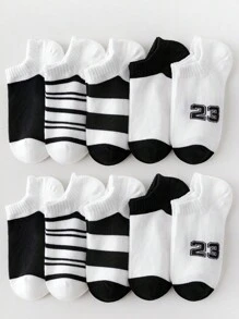 10對/組童裝黑白條紋運動襪,休閒透氣,適用於日常穿著和運動鞋 - 黑與白 - 查看 7