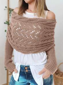 1pc Knitted Plain Color Shawl With Sleeves, Multipurpose Sun Protection Neck Cover Scarf, Suitable For Air-Conditioned Room, Daily Wear Or Shawl Winter Scarf With Sleeve - Khaki - View 2