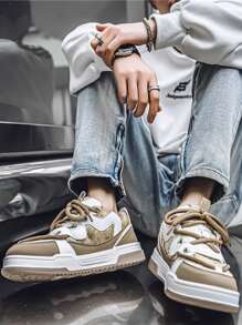 Men Versatile Lightweight Breathable Low-Top Casual Chunky Sneakers - 卡其色 - 查看 4