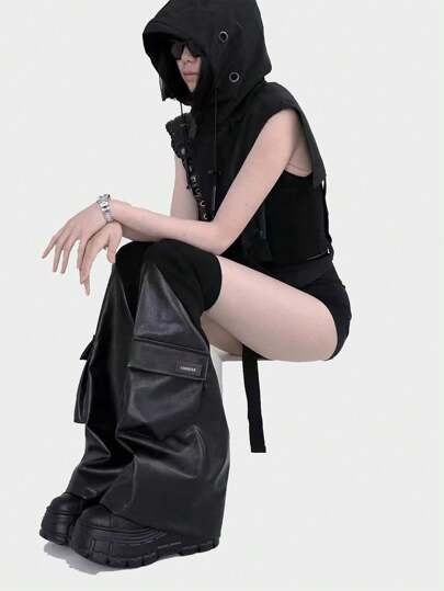 polve 1 Pair Y2K Style Black Faux Leather Patchwork Ribbed Punk Rock Volumized Pocket Leg Warmers, Slimming & Leg Shaping