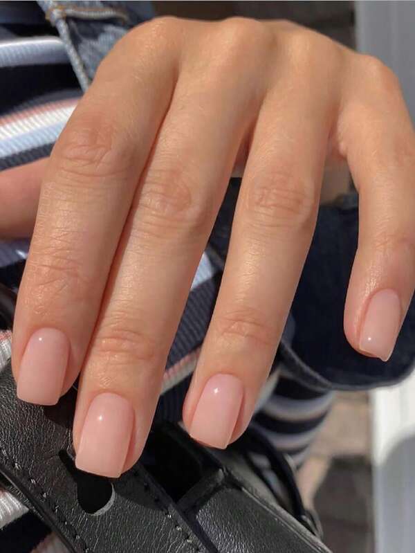 24pcs Short Square Plain Simple Nude Full Coverage False Nails For Women & Girls, Includes 1pc Nail File & 1pc Gel Nail Pusher Press On Nails