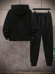 2件組青少年男孩時尚百搭休閒連帽運動套裝，適合春、秋、冬季 - 黑色 - 查看 2