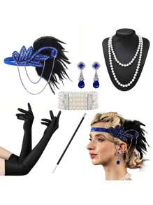 D EXCEED 6 件 20 世纪 20 年代女式飞来波女郎了不起的盖茨比配饰套装咆哮的 20 年代主题复古时尚派对查尔斯顿化装舞会万圣节装饰礼物化妆舞会角色扮演带人造羽毛头带舞会 - 多色 - 查看 26