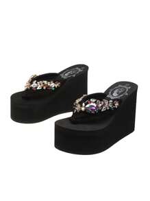 Women Rhinestone Decor Flip Flops, Glamorous Black Polyester Toe Post Flip Flops