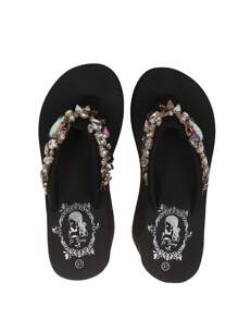 Women Rhinestone Decor Flip Flops, Glamorous Black Polyester Toe Post Flip Flops