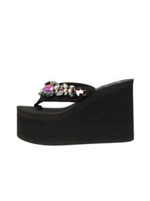 Women Rhinestone Decor Flip Flops, Glamorous Black Polyester Toe Post Flip Flops