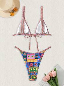 全新软杯可调节吊带露背蝴蝶结性感比基尼套装，女士夏季海滩泳装