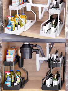 Hot Selling 1 Set Kitchen Sink Storage Rack With 2 Layers RL-Shaped Double Layer Pull Out Storage Rack For Bathroom Sink Or Kitchen Organizer Bathroom Cabinet Organizer Shelf - Multicolor - View 12