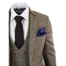 Mens 3 Piece Tan Herringbone Tweed Check Suit