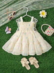 女婴夏季新款无袖吊带清凉连衣裙，儿童3D花朵和大蝴蝶翅膀装饰公主派对连衣裙