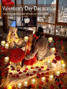 6/12支红色无焰浪漫LED蜡烛，配100片人造玫瑰花瓣，适用于节日、婚礼、生日、情人节、新年、周年纪念日装饰、庭院、花园（不含电池） - 銀色 - 查看 5