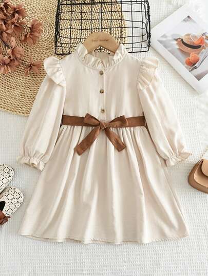 Young Girls Beige Long Sleeve Stand Collar Belted A-Line Dress, Spring & Autumn