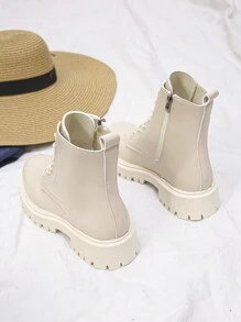 2025春秋新款女厚底靴白色侧拉链短靴圆头机车靴白色短靴 - 米色 - 查看 3
