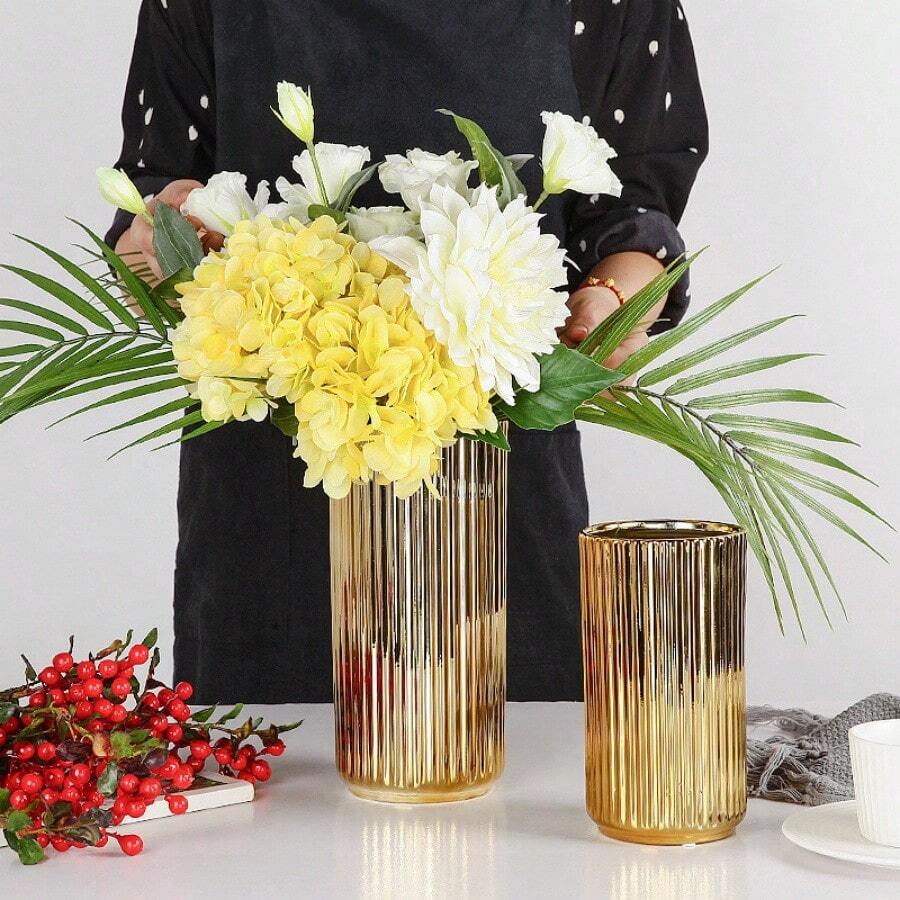 1pc Modern Minimalist Household Gold Plated Ceramic Flower Vase, Luxury