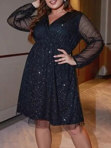 Robe de soirée élégante à manches longues avec taille élastique en maille argentée brillante, taille grande pour femme - Noir - Voir 8