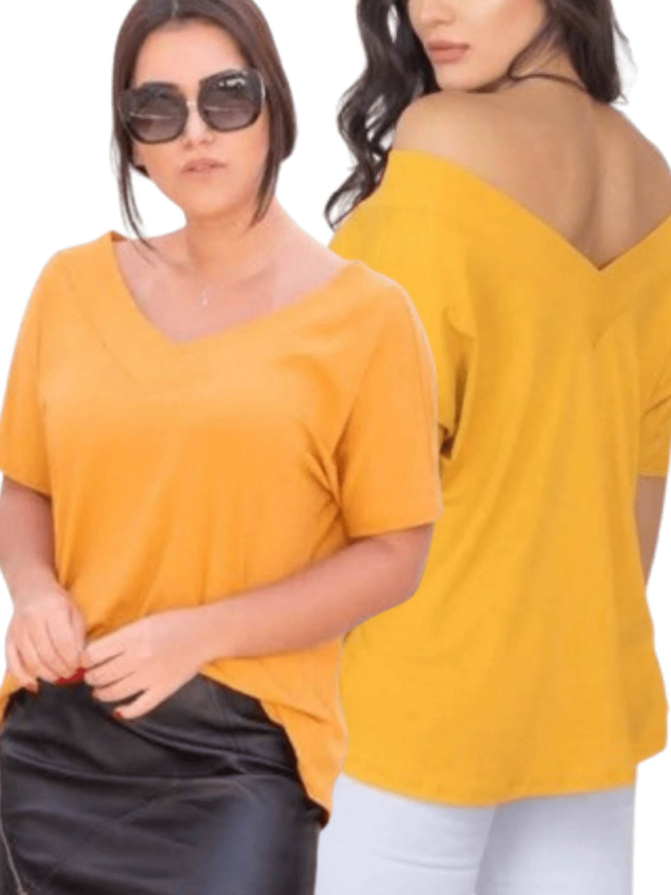 Kit 2 V-Neck Blouse In Plain Viscolycra Comfortable Loose Oversized Short Sleeve Women's Fashion Summer - 芥末 - 查看 1