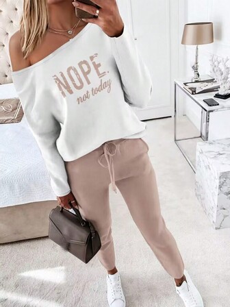 ChicMe 字母印花两件套斜领长袖套头衫配弹力腰裤运动休闲裤套装