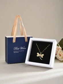 1 件礼盒装全水晶莱茵石蜻蜓不锈钢项链，奢华女士款 - 金色 - 查看 13