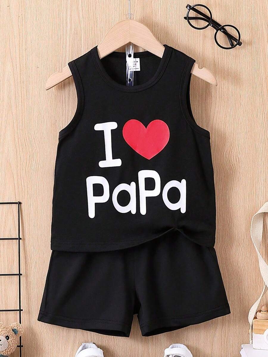 Summer Casual Simple Heart Print Sleeveless Tank Top For Young Boy - 黑色 - 查看 1