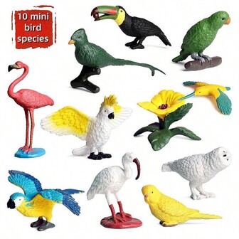 10pcs/Set Realistic Plastic Solid Wild Bird Animal Toys, Including Green Parrot, Macaw, Parakeet, Cockatiel, Toucan, Owl, Hummingbird, Flamingo, Egret, Can Be Used For Children's Early Education And Recognition, Suitable As Christmas And Birthday Gifts