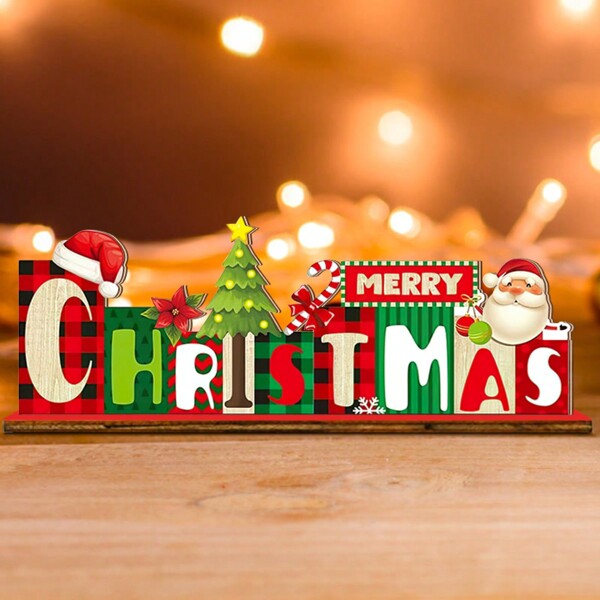 1 Set Merry Wooden Sign For Xmas Party Tabletop Decor, Farmhouse Santa Claus Wood Signs Table Decor Merry Tabletop Sign Centerpiece For Xmas Home Party Table Decorations Best Gifts
