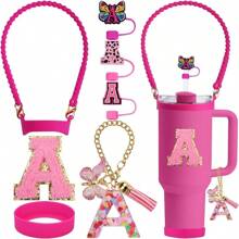 7 件套杯子配件、3 件 0.4 英寸字母吸管盖、1 件硅胶奶瓶手柄、1 件 30 和 40 盎司保护套、1 件首字母吊饰、1 件首字母贴纸