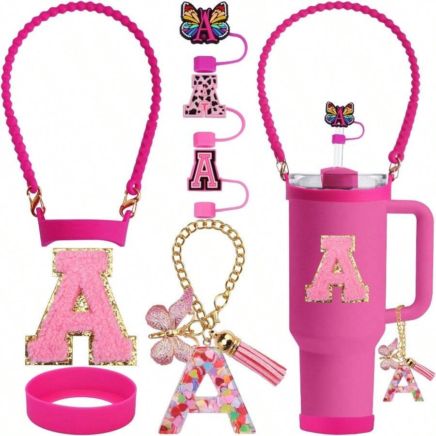 7 件套杯子配件、3 件 0.4 英寸字母吸管盖、1 件硅胶奶瓶手柄、1 件 30 和 40 盎司保护套、1 件首字母吊饰、1 件首字母贴纸