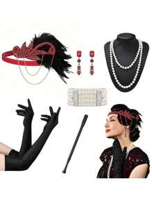 D EXCEED 6 件 20 世纪 20 年代女式飞来波女郎了不起的盖茨比配饰套装咆哮的 20 年代主题复古时尚派对查尔斯顿化装舞会万圣节装饰礼物化妆舞会角色扮演带人造羽毛头带舞会 - 多色 - 查看 34