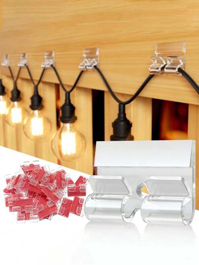 50 قطعة من خطافات لتثبيت أضواء الحبال الخارجية مع شرائط لاصقة، مقاومة للماء والأشعة فوق البنفسجية، بدون أضرار، تركيب بدون أدوات لديكور عيد الميلاد أو الشرفة أو الحديقة أو الشرفة، حاملات كابل للتعليق