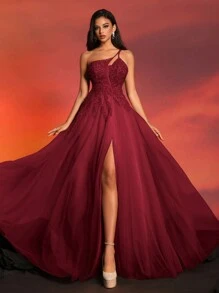 Đầm dạ hội maxi màu đỏ tía, cổ lệch vai, đính sequin, thích hợp cho tiệc cưới, lễ tốt nghiệp, tiệc tối, phong cách thanh lịch mùa xuân. - Màu Đỏ Sâu - Xem 8