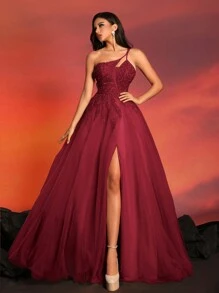 Đầm dạ hội maxi màu đỏ tía, cổ lệch vai, đính sequin, thích hợp cho tiệc cưới, lễ tốt nghiệp, tiệc tối, phong cách thanh lịch mùa xuân. - Màu Đỏ Sâu - Xem 7