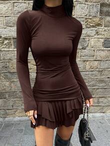 Women's Solid Color Ruffle Hem Fitted Knit Dress - Brown - View 3