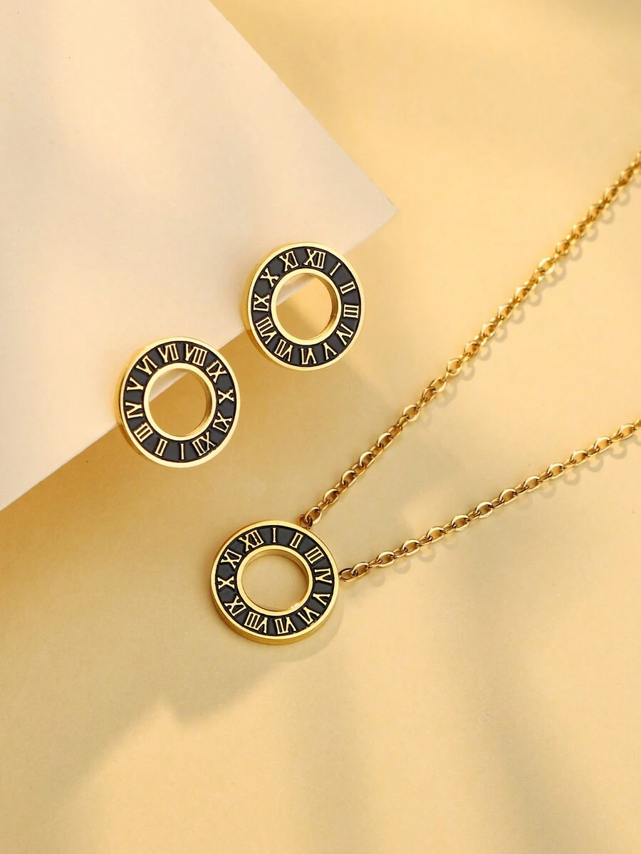 1 Set/3pcs 2025 New Roman Numeral Ring, Gold Stainless Steel Cubic Zirconia Necklace & Earrings Wedding Jewelry Set - Black - View 1