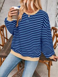 休闲条纹花卉图案圆领宽松套头运动衫，春/秋 - 藏蓝色 - 查看 4