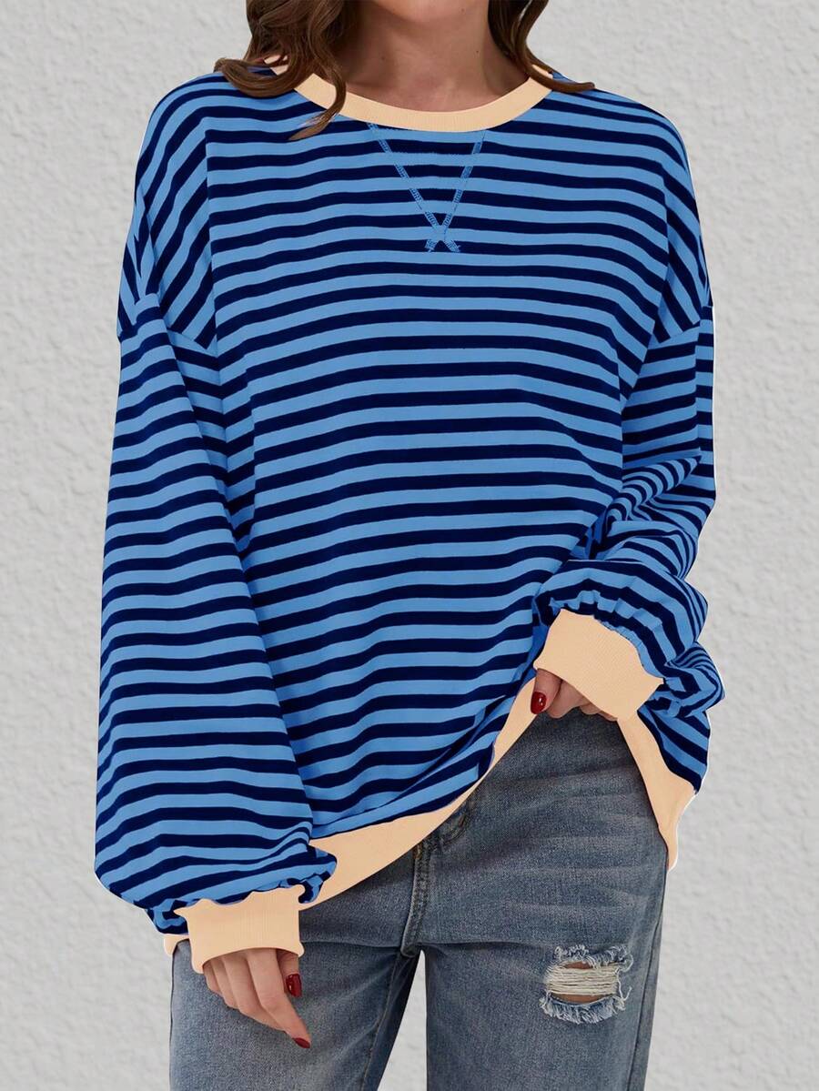 休闲条纹花卉图案圆领宽松套头运动衫，春/秋 - 藏蓝色 - 查看 1