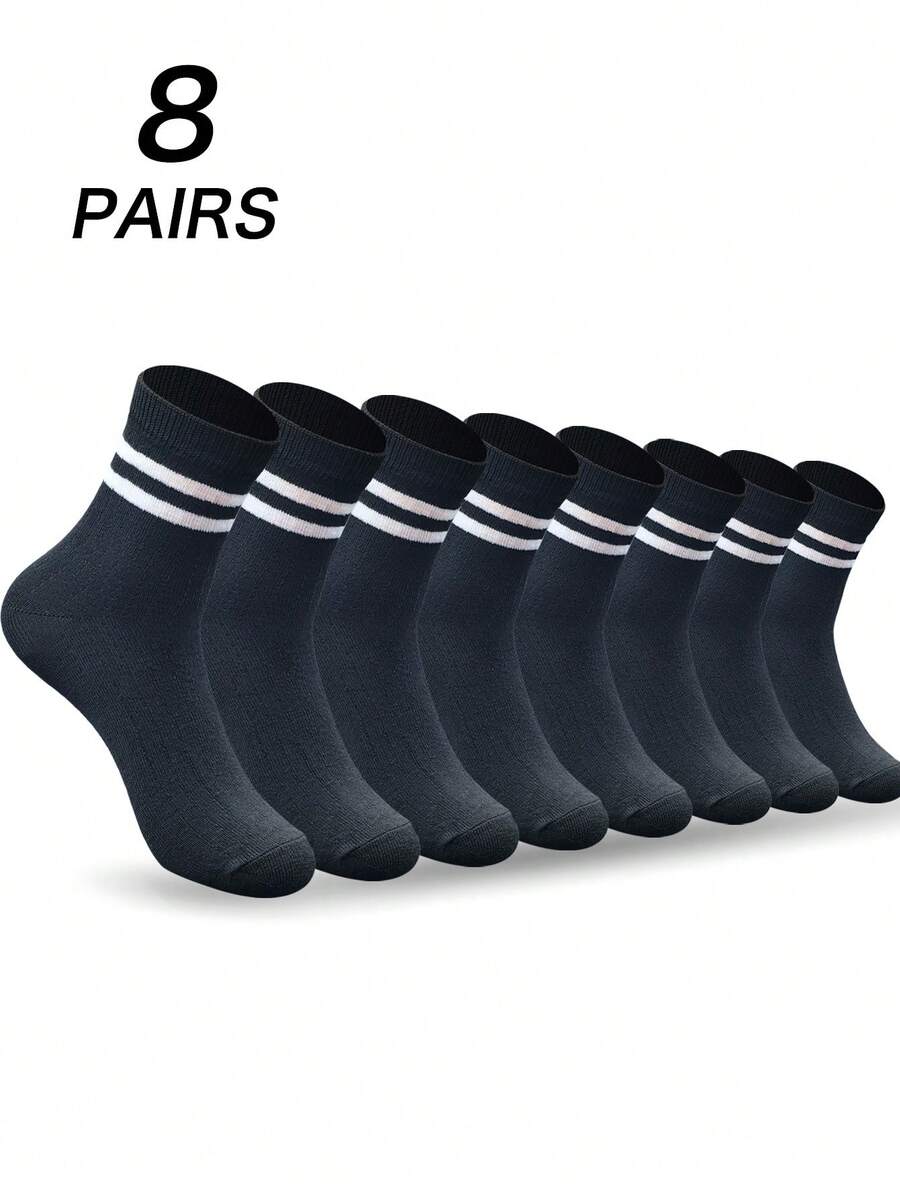 7 件套男士竖条纹中筒袜，通用尺寸，黑色 - 7雙二槓黑色 - 查看 1