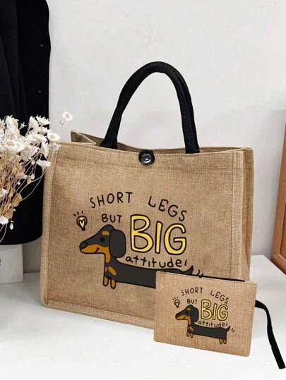 亚麻腊肠犬字母手提包，腊肠犬装饰单肩包和配套小包，腊肠犬印花亚麻手提包，书本手提包，休闲单肩包复古风格包带双手柄书包，适合毕业生、少女、大一、大二、大三和大四学生，大学和高中，非常适合户外、旅行和返校（小手提包绳子的方向是随机的），腊肠犬包，创意圣诞礼物创意