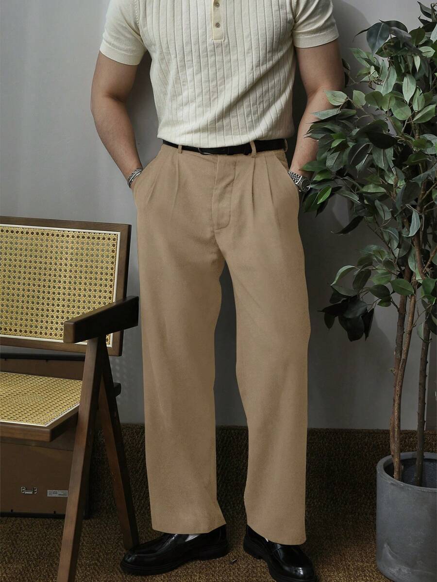 1pc Men's Solid Color Micro Pleated Straight Leg Thin Fabric Dress Pants