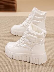 女士冬季保暖短靴，简约百搭厚底雪地靴 - 米色 - 查看 1