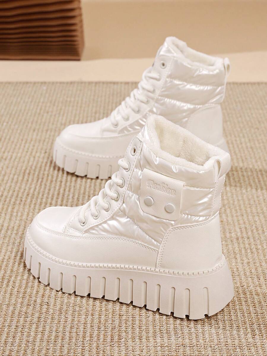 女士冬季保暖短靴，简约百搭厚底雪地靴 - 米色 - 查看 1