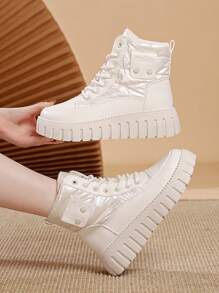 女士冬季保暖短靴，简约百搭厚底雪地靴 - 米色 - 查看 6