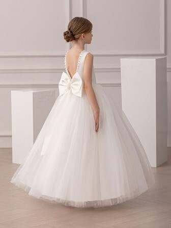 少女优雅蝴蝶结装饰花裙，公主裙适合少女婚礼、派对、生日、舞会、特殊场合