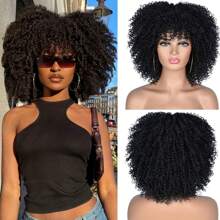 Peruca curta cacheada feminina de 12 polegadas com franja, peruca sintética afro crespa cacheada resistente ao calor, adequada para uso diário, natal, ano novo, carnaval, festival de música - Preto - Ver 1