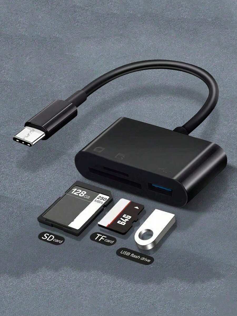 Lector de tarjetas 3 en 1 tipo C, adaptador multifuncional OTG 2.0 para unidad flash SD/TF/USB para portátil/teléfono inteligente tipo C - Negro - Ver 1