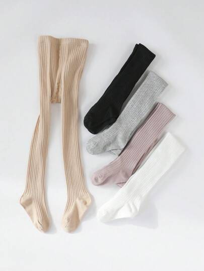 5 件装女童纯色竖条纹紧身裤，适合秋冬季