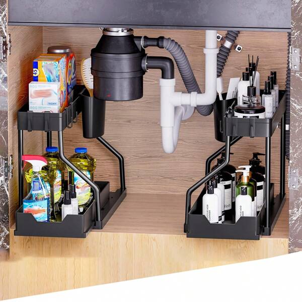 Hot Selling 1 Set Kitchen Sink Storage Rack With 2 Layers RL-Shaped Double Layer Pull Out Storage Rack For Bathroom Sink Or Kitchen Organizer Bathroom Cabinet Organizer Shelf
