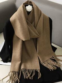1条女士亮黄色纯色羊绒围巾，带流苏，尺寸30*180厘米，柔软披肩，适合春、夏、秋、冬四季佩戴。 - 深卡其色 - 查看 3