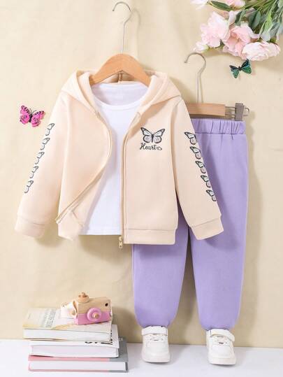 Set de 2 piezas de conjunto deportivo informal para niña, sudadera con capucha con gráfico de mariposa + pantalones de color contrastante