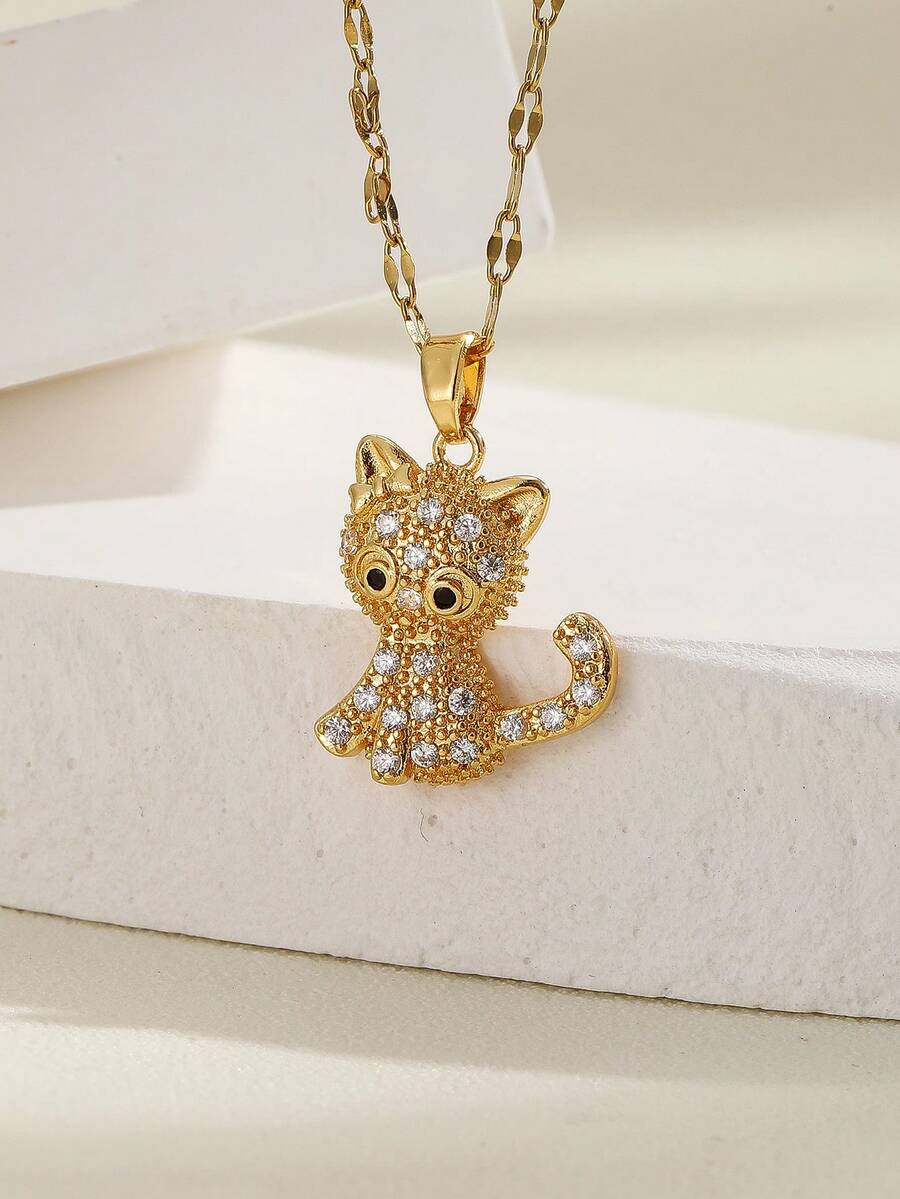 1 件铜质猫水钻装饰简约小众百搭项链 - 金黃色 - 查看 1